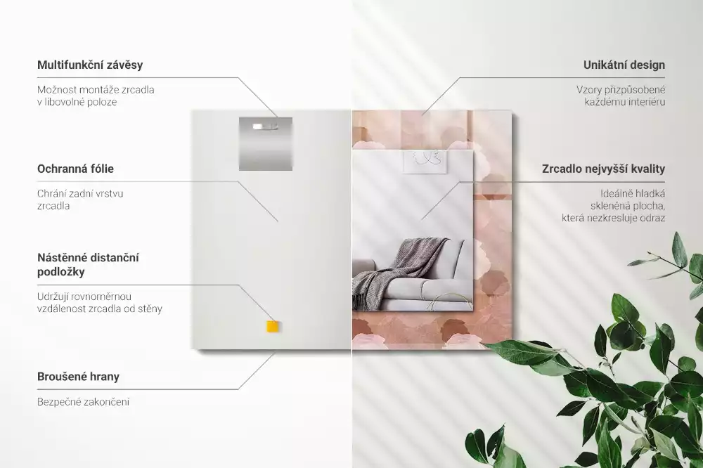 Obdélníkové zrcadlo rám s potiskem květy pivoněk