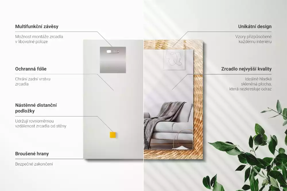 Obdélníkové dekorační zrcadlo na zeď proutěný výplet