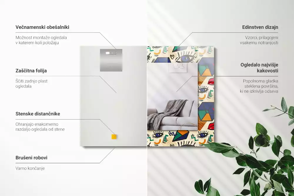 Obdélníkové dekorační zrcadlo na zeď tvary očí a úst