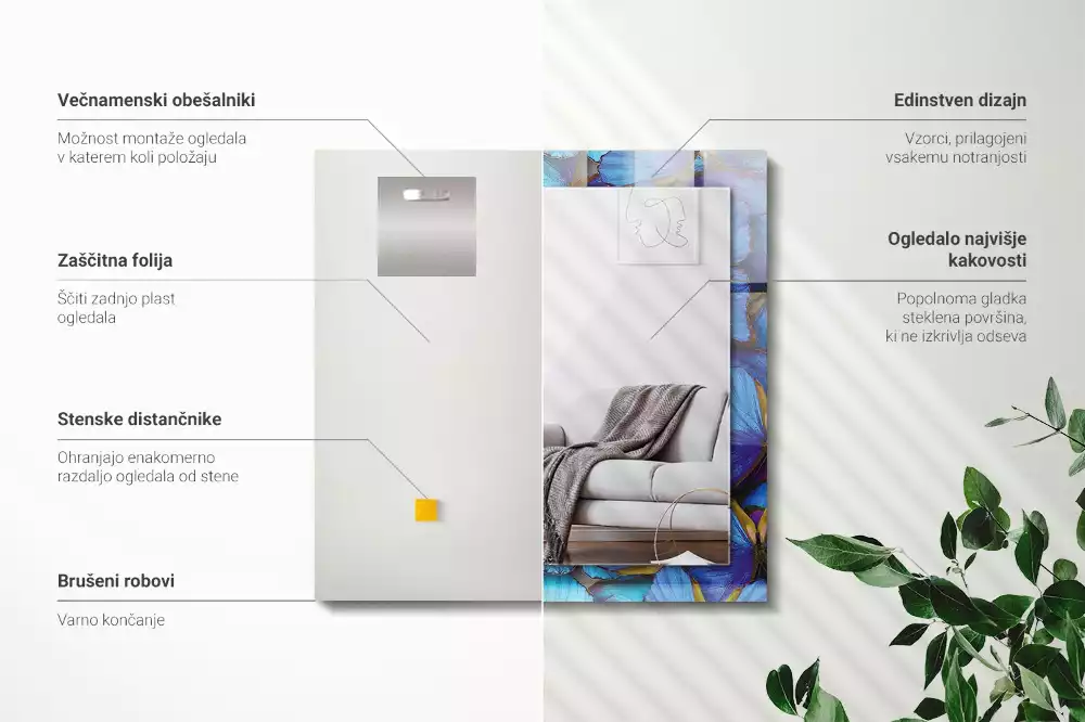Obdélníkové dekorační zrcadlo na zeď světle modří a zelení motýli