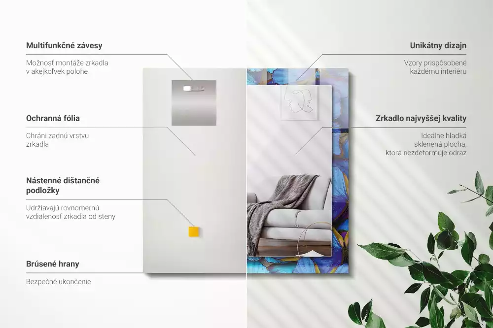 Obdélníkové dekorační zrcadlo na zeď světle modří a zelení motýli