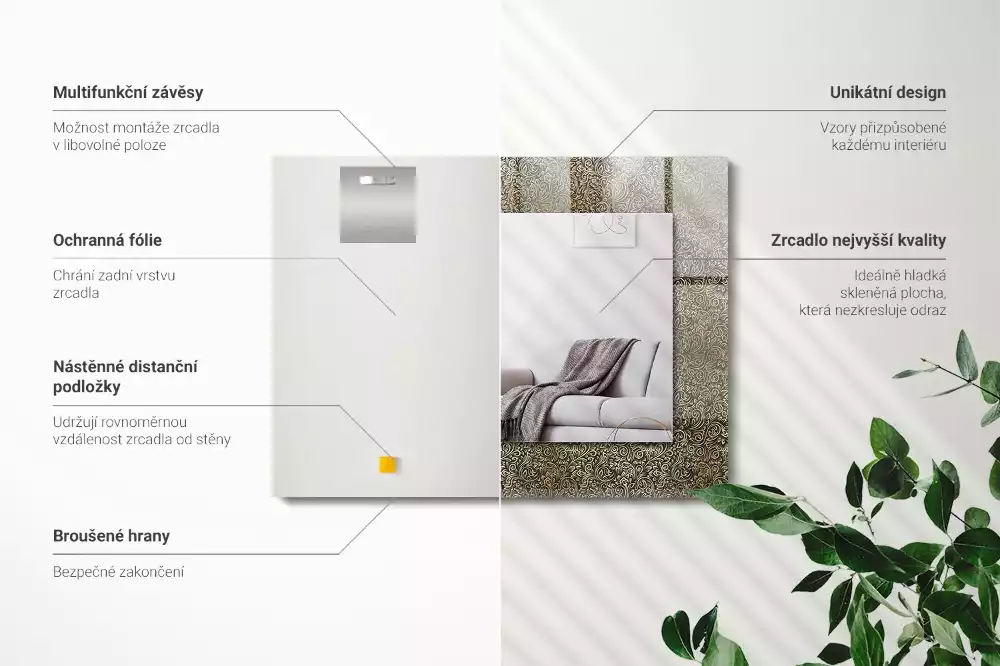 Obdélníkové zrcadlo s dekorem zlatý ornamentální vzor