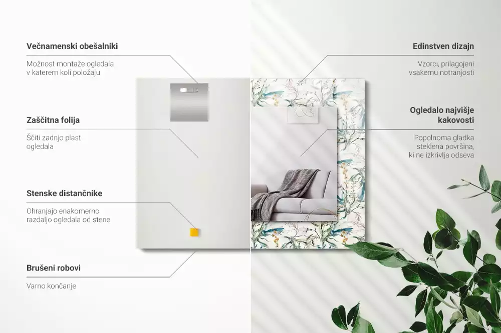 Obdélníkové zrcadlo s dekorem akvarelový květinový motiv