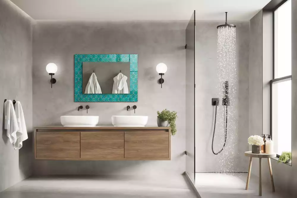 Obdélníkové dekorační zrcadlo na zeď zelený geometrický vzor