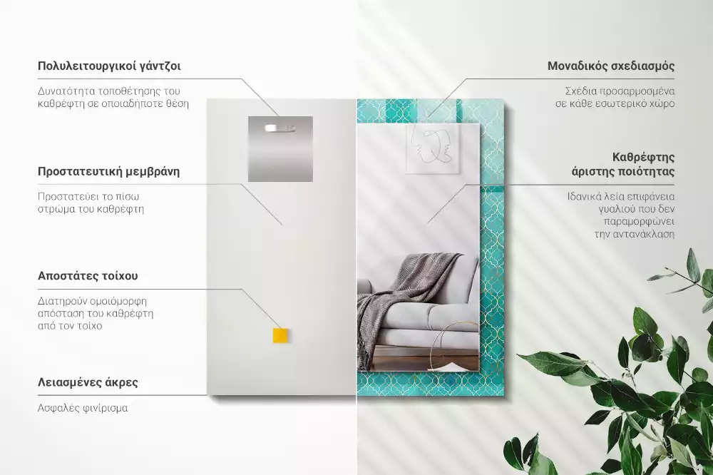 Obdélníkové dekorační zrcadlo na zeď zelený geometrický vzor