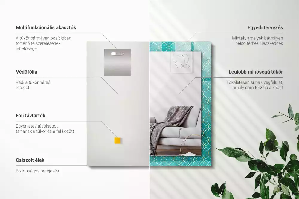 Obdélníkové dekorační zrcadlo na zeď zelený geometrický vzor