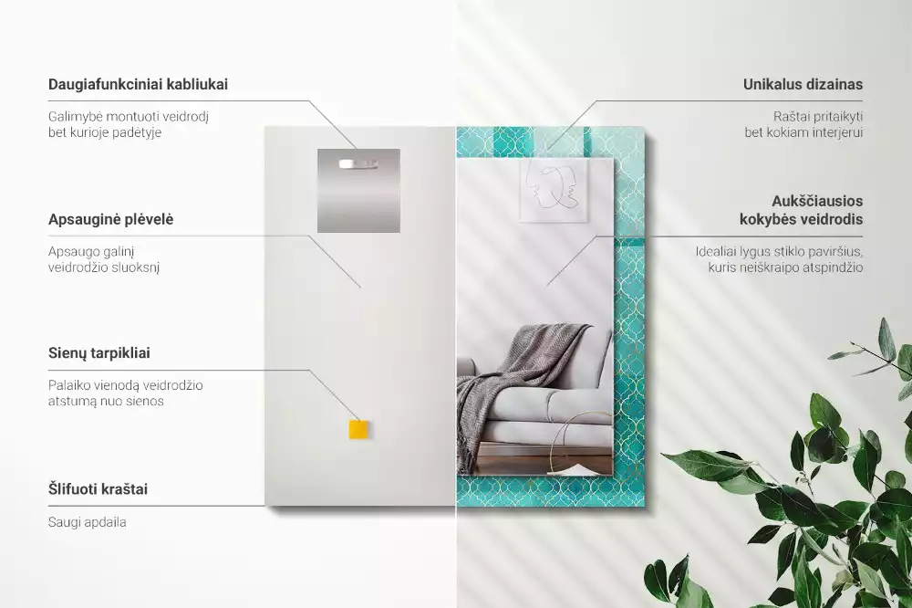 Obdélníkové dekorační zrcadlo na zeď zelený geometrický vzor
