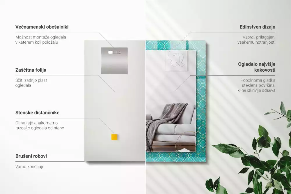 Obdélníkové dekorační zrcadlo na zeď zelený geometrický vzor