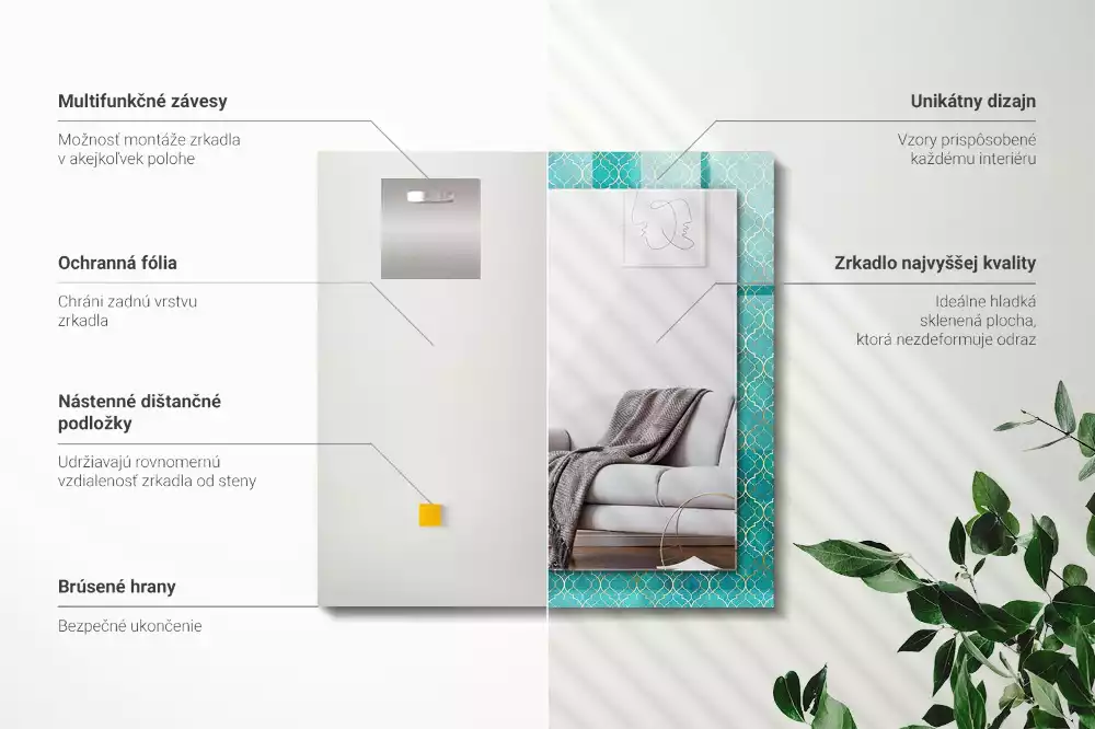Obdélníkové dekorační zrcadlo na zeď zelený geometrický vzor