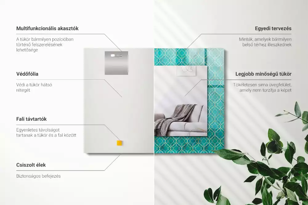 Obdélníkové dekorační zrcadlo na zeď zelený geometrický vzor