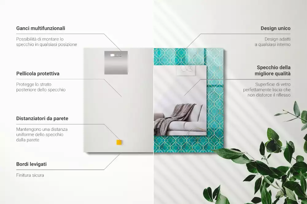 Obdélníkové dekorační zrcadlo na zeď zelený geometrický vzor