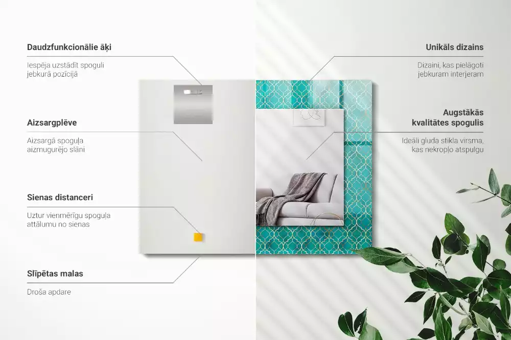 Obdélníkové dekorační zrcadlo na zeď zelený geometrický vzor
