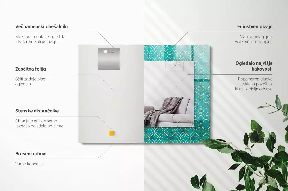 Obdélníkové dekorační zrcadlo na zeď zelený geometrický vzor
