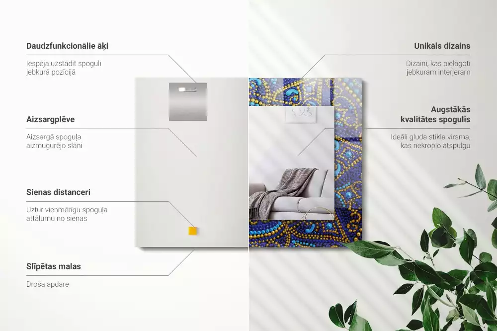 Obdélníkové dekorační zrcadlo na zeď světle modrá tečkovaná mandala