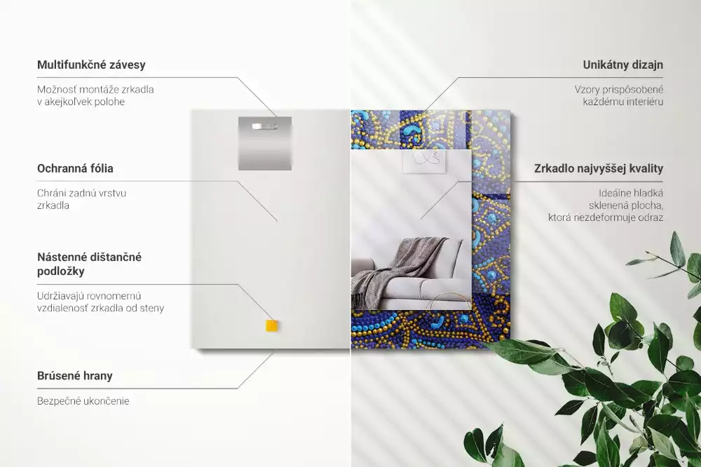 Obdélníkové dekorační zrcadlo na zeď světle modrá tečkovaná mandala