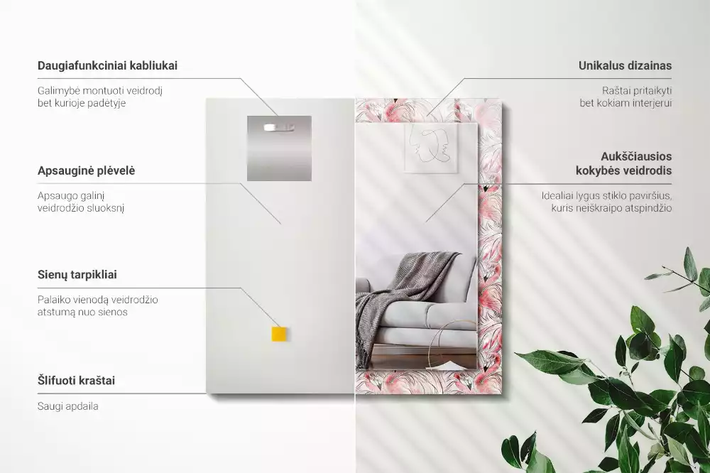 Obdélníkové zrcadlo rám s potiskem růžoví plameňáci