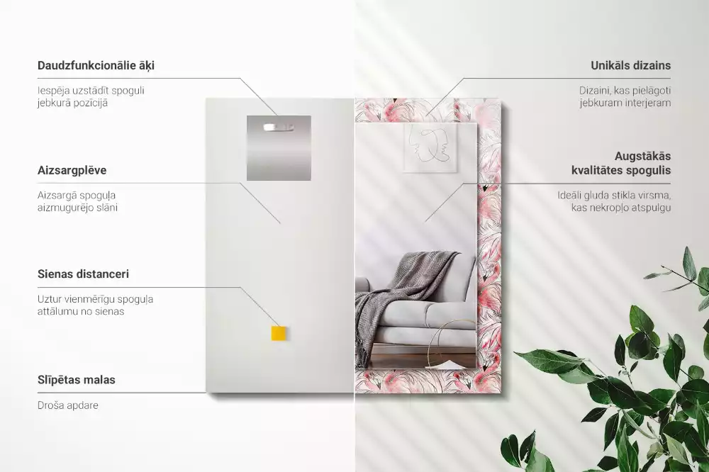 Obdélníkové zrcadlo rám s potiskem růžoví plameňáci