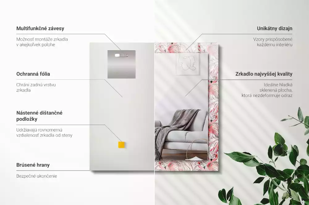 Obdélníkové zrcadlo rám s potiskem růžoví plameňáci