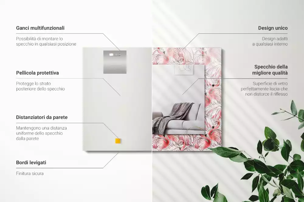 Obdélníkové zrcadlo rám s potiskem růžoví plameňáci