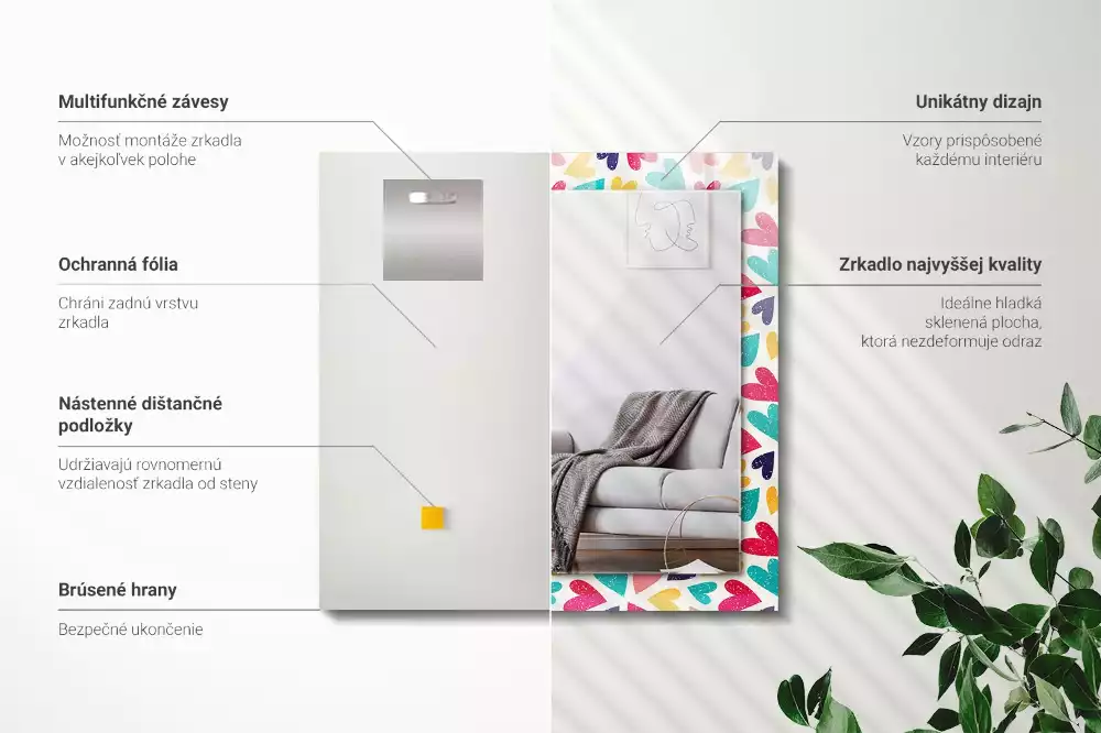 Obdélníkové dekorační zrcadlo na zeď vzor s barevnými srdci