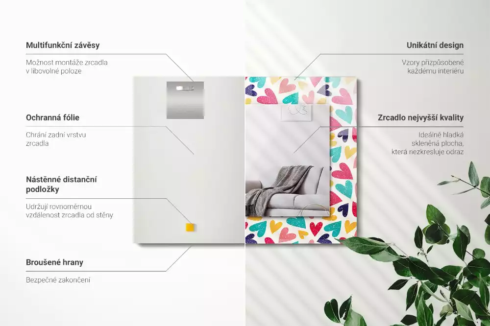 Obdélníkové dekorační zrcadlo na zeď vzor s barevnými srdci