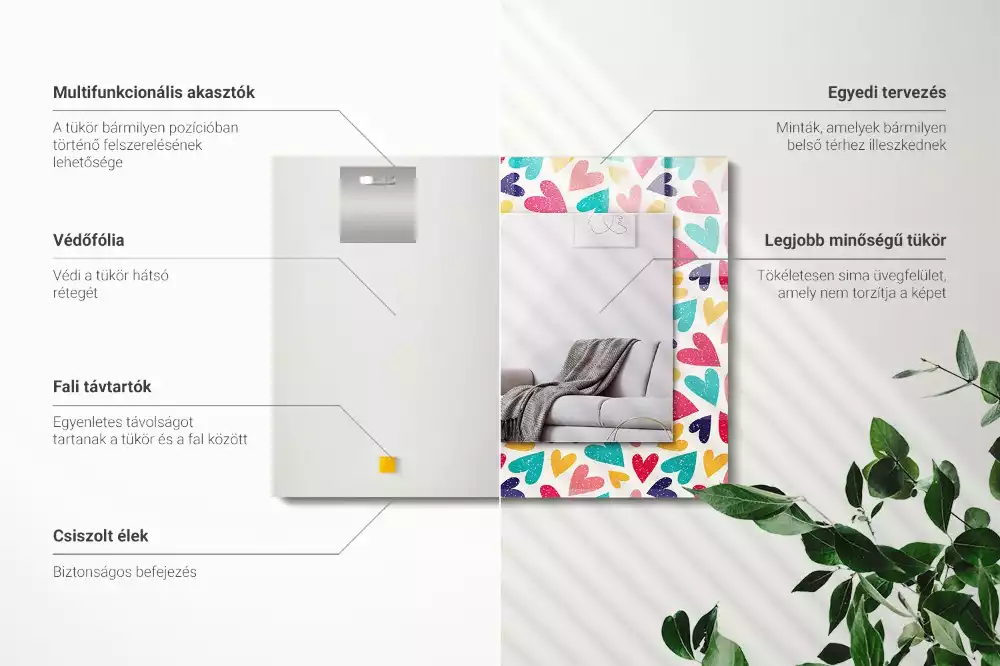 Obdélníkové dekorační zrcadlo na zeď vzor s barevnými srdci