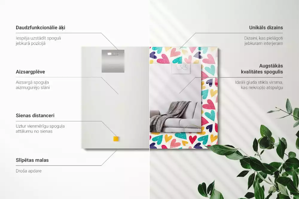 Obdélníkové dekorační zrcadlo na zeď vzor s barevnými srdci