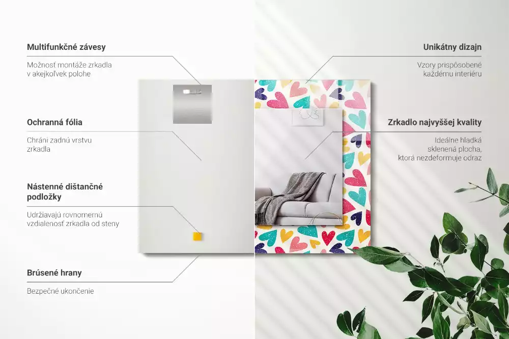 Obdélníkové dekorační zrcadlo na zeď vzor s barevnými srdci