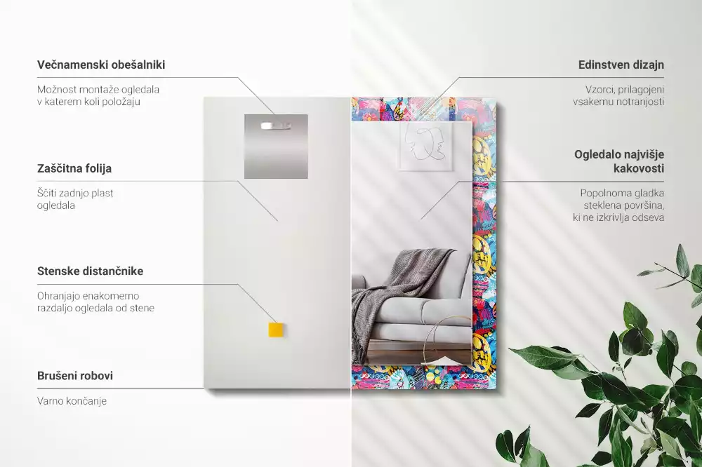 Obdélníkové zrcadlo rám s potiskem barevný abstraktní vzor