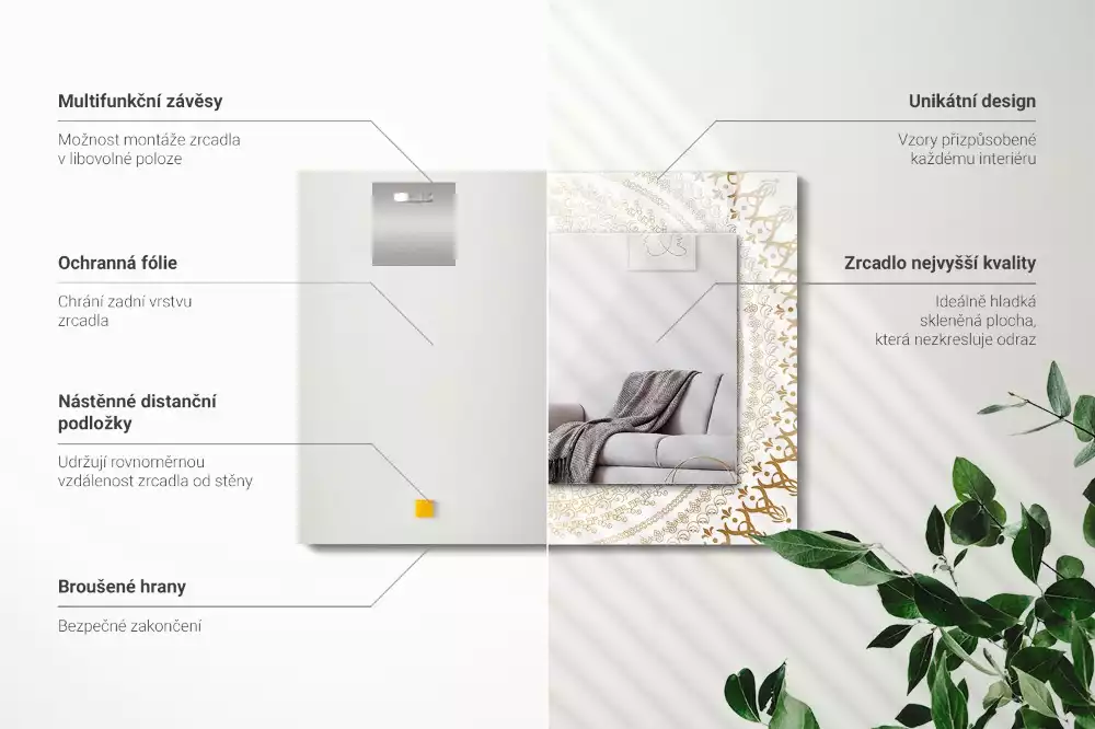 Obdélníkové dekorační zrcadlo na zeď motiv mandaly