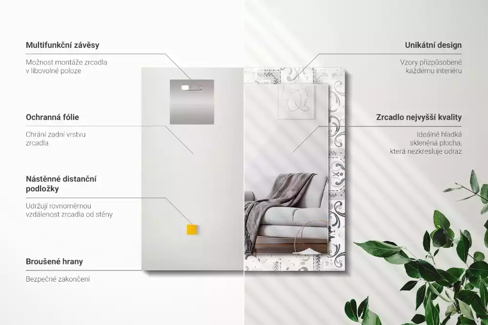 Obdélníkové zrcadlo rám s potiskem kachličkový vzor s ornamenty