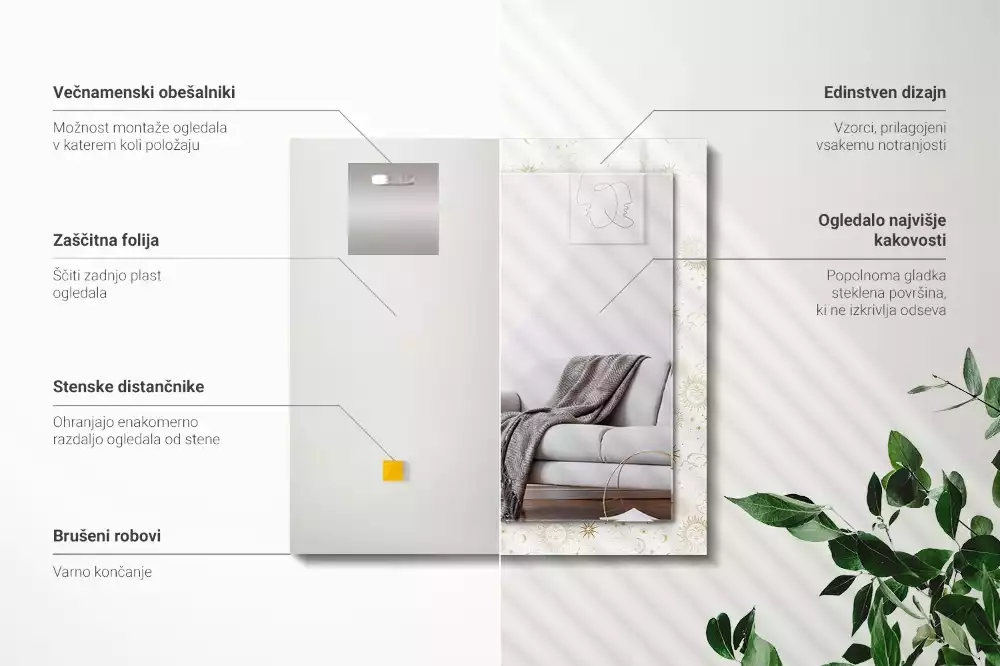 Obdélníkové zrcadlo s dekorem slunce měsíc a hvězdy