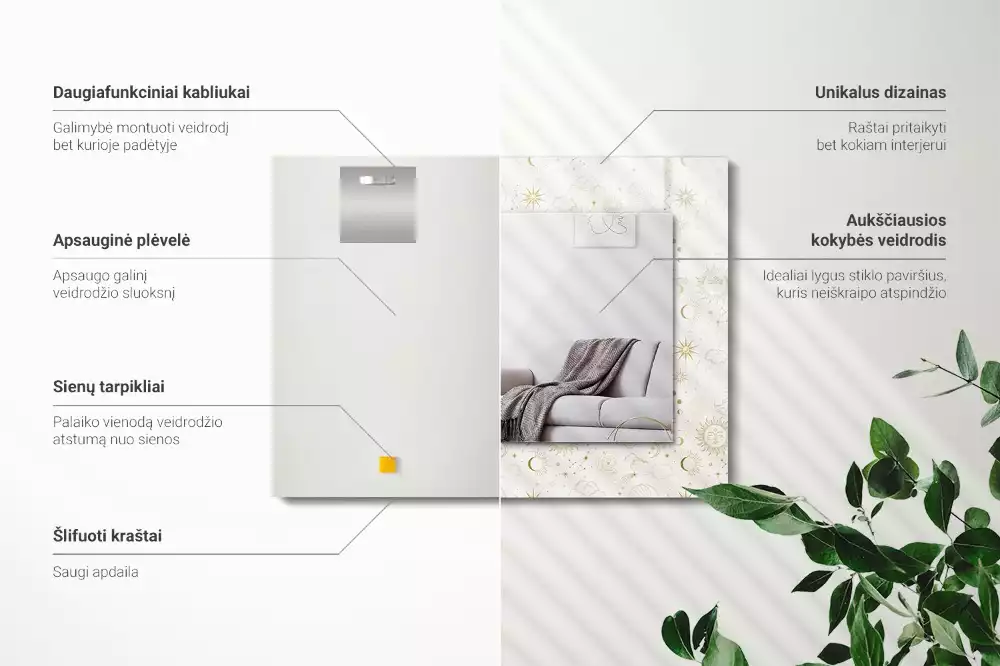 Obdélníkové zrcadlo s dekorem slunce měsíc a hvězdy