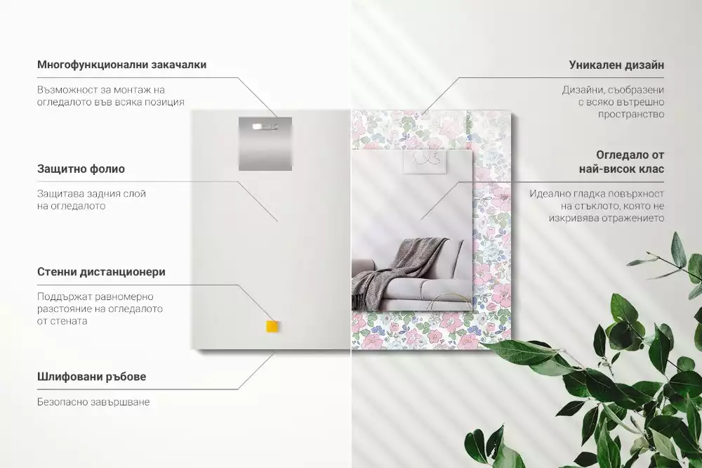 Obdélníkové zrcadlo rám s potiskem květinový textilní motiv
