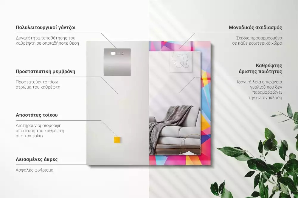 Obdélníkové zrcadlo s dekorem barevné geometrické vzory