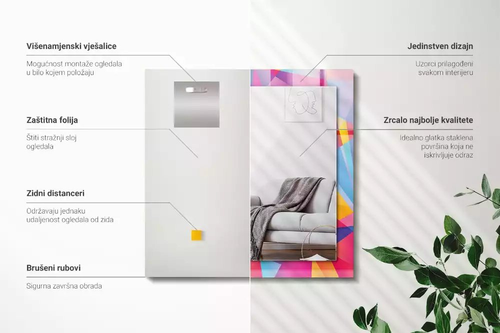 Obdélníkové zrcadlo s dekorem barevné geometrické vzory