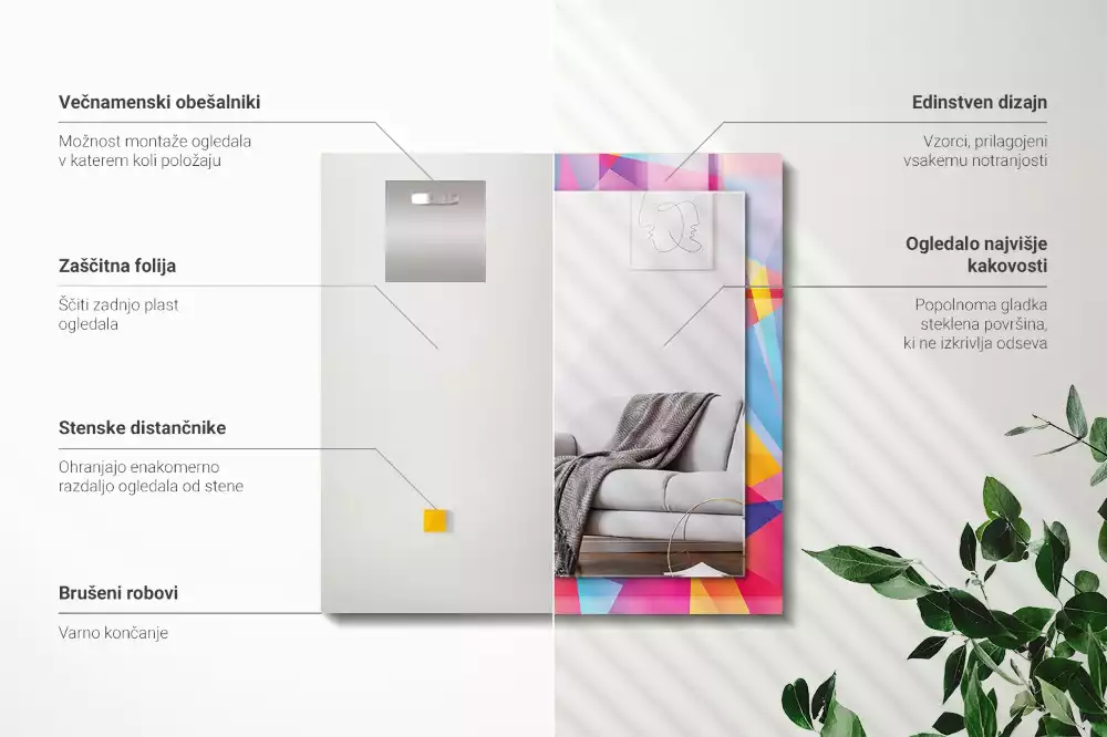 Obdélníkové zrcadlo s dekorem barevné geometrické vzory