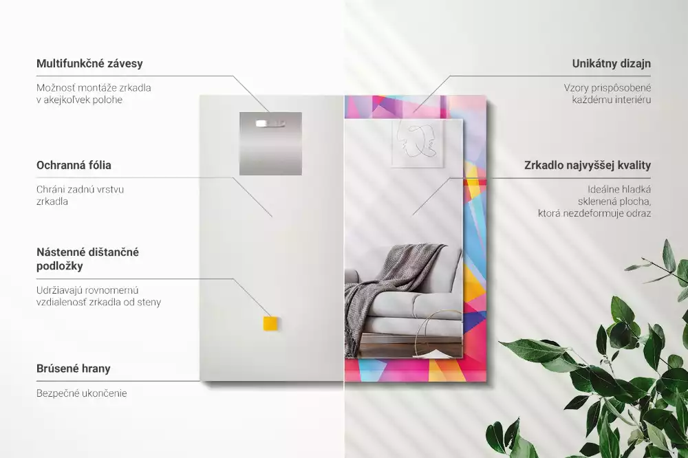 Obdélníkové zrcadlo s dekorem barevné geometrické vzory