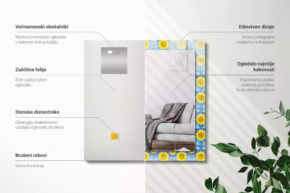 Obdélníkové zrcadlo rám s potiskem vzor se slunečnicemi a listy
