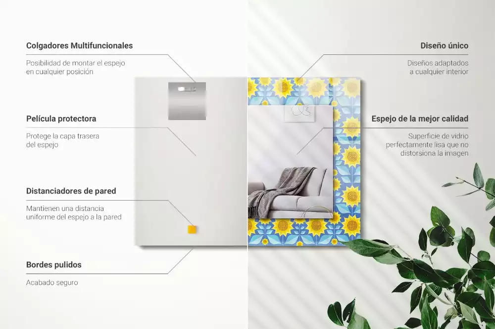 Obdélníkové zrcadlo rám s potiskem vzor se slunečnicemi a listy