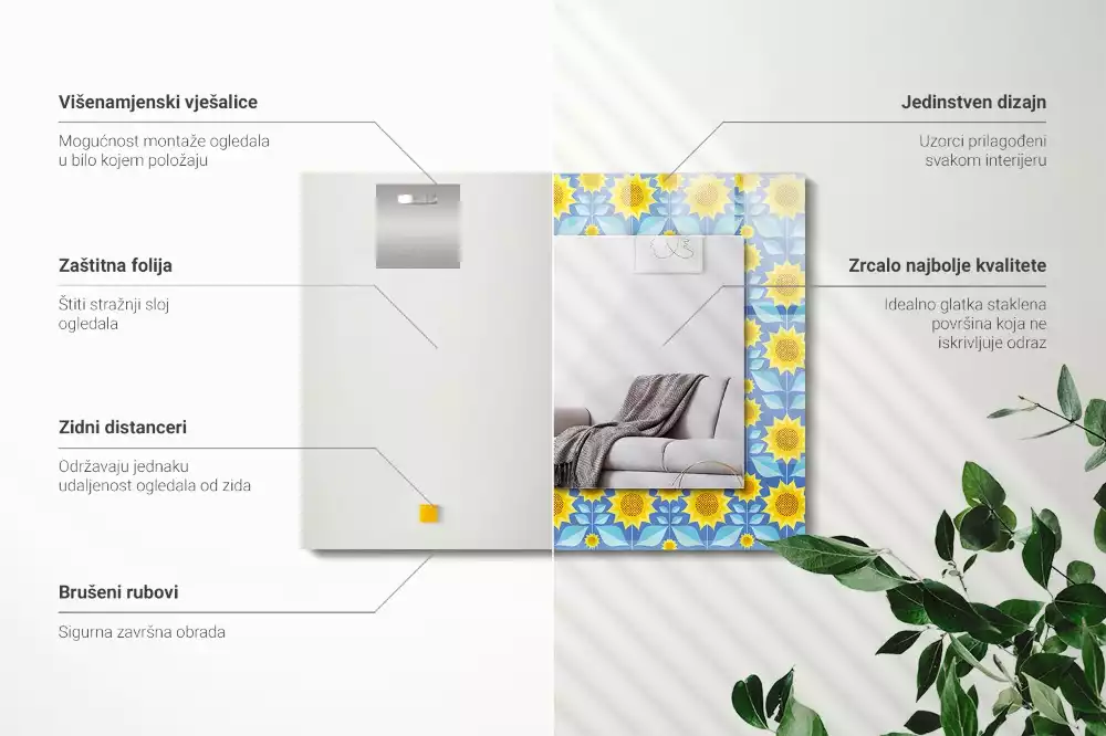 Obdélníkové zrcadlo rám s potiskem vzor se slunečnicemi a listy