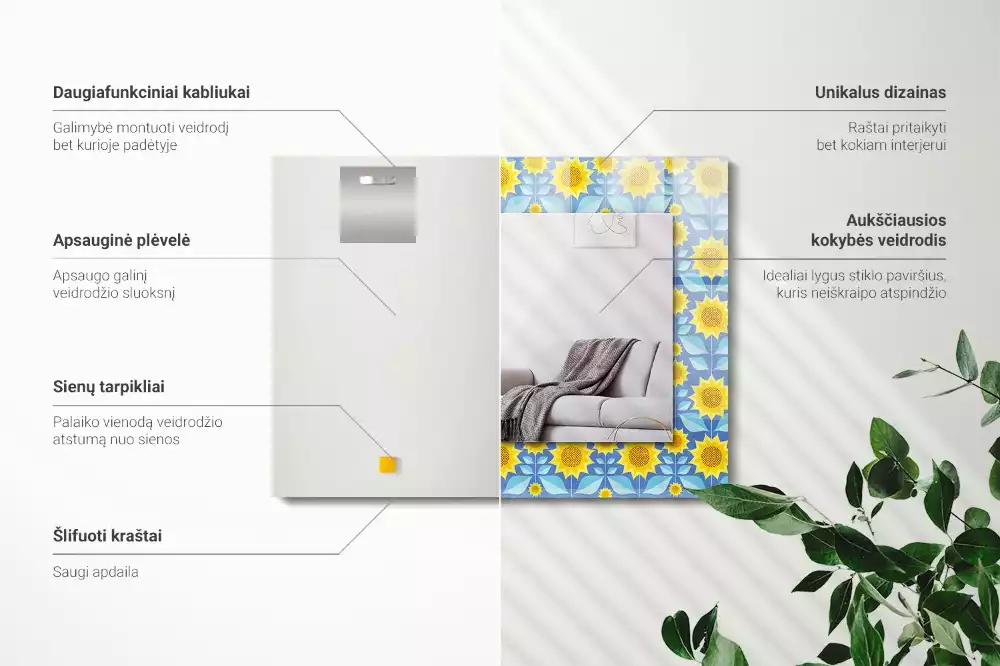 Obdélníkové zrcadlo rám s potiskem vzor se slunečnicemi a listy