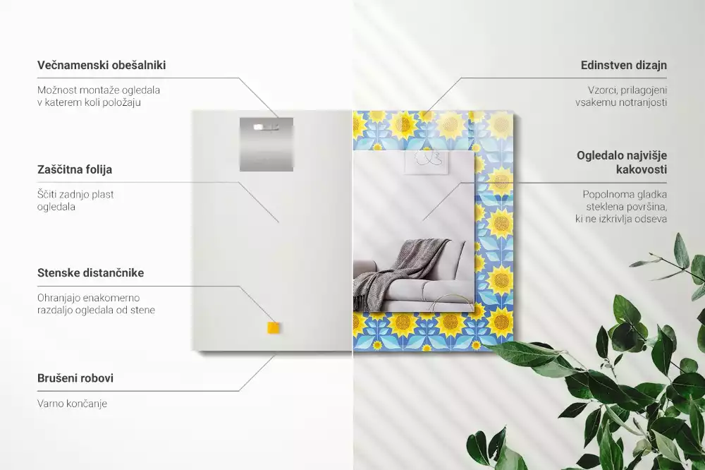 Obdélníkové zrcadlo rám s potiskem vzor se slunečnicemi a listy