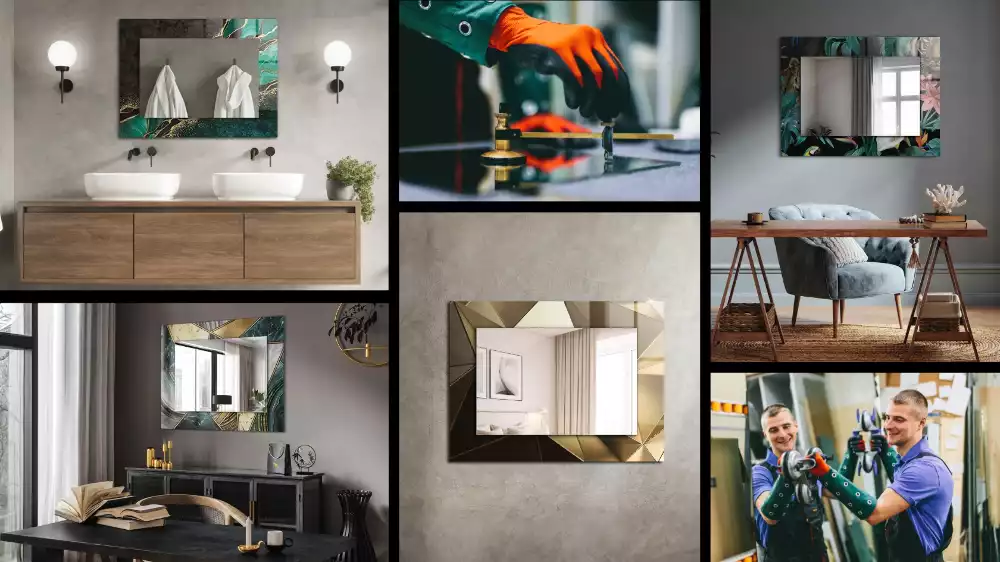 Obdélníkové zrcadlo s dekorem zeleno-zlaté listy