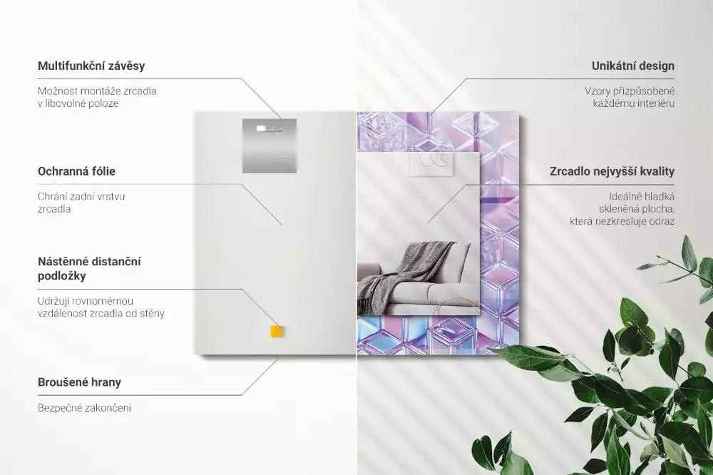 Obdélníkové dekorační zrcadlo na zeď průhledné barevné krychle