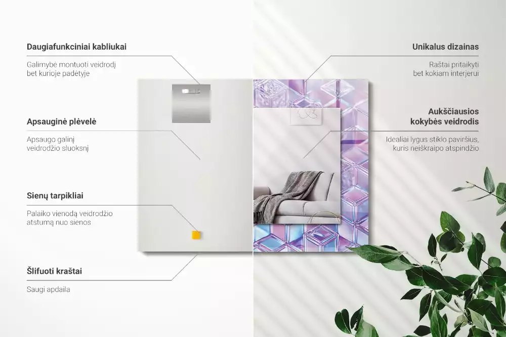 Obdélníkové dekorační zrcadlo na zeď průhledné barevné krychle