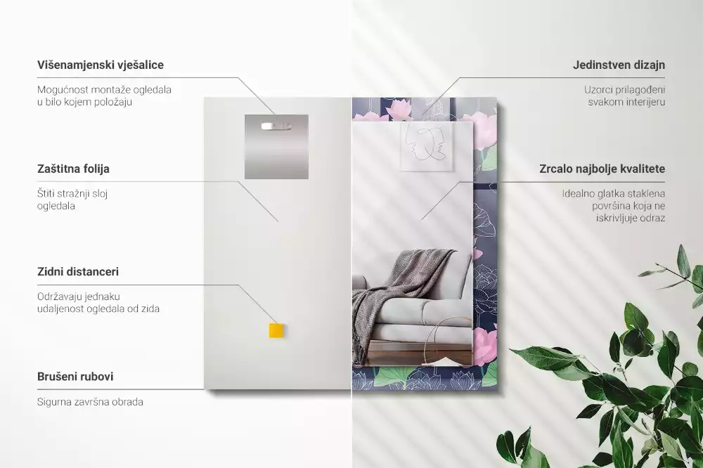 Obdélníkové zrcadlo s dekorem růžové květy lotosu