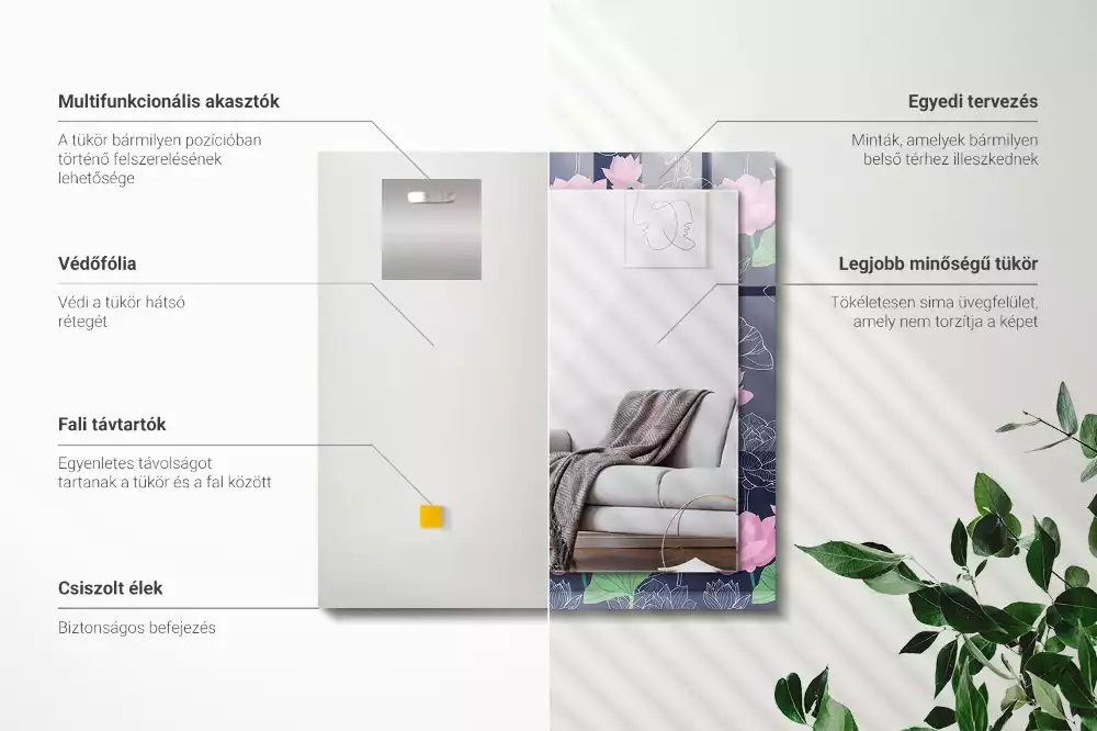 Obdélníkové zrcadlo s dekorem růžové květy lotosu
