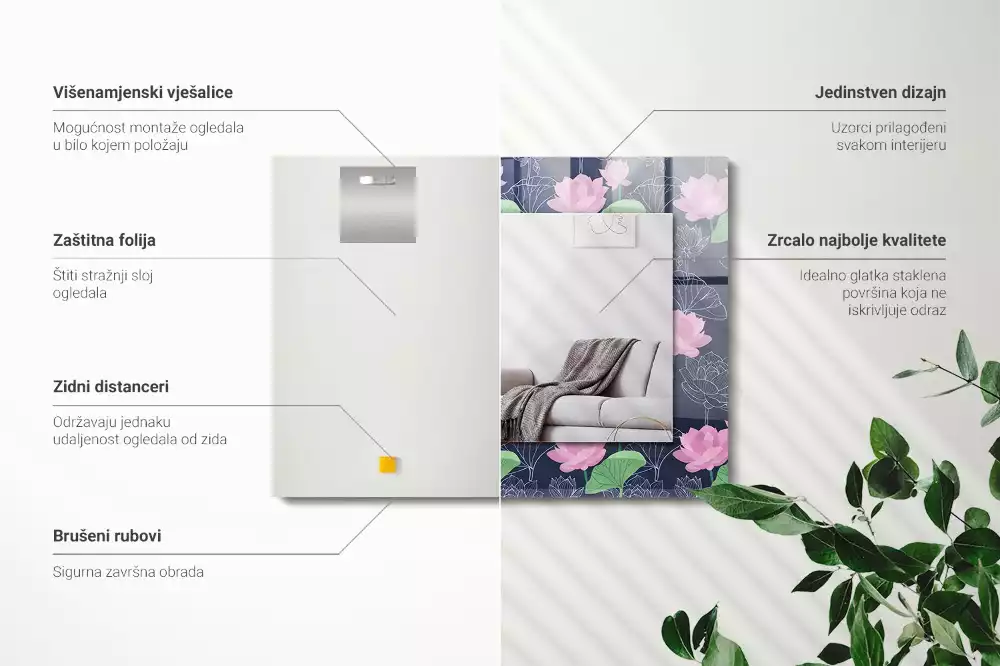 Obdélníkové zrcadlo s dekorem růžové květy lotosu
