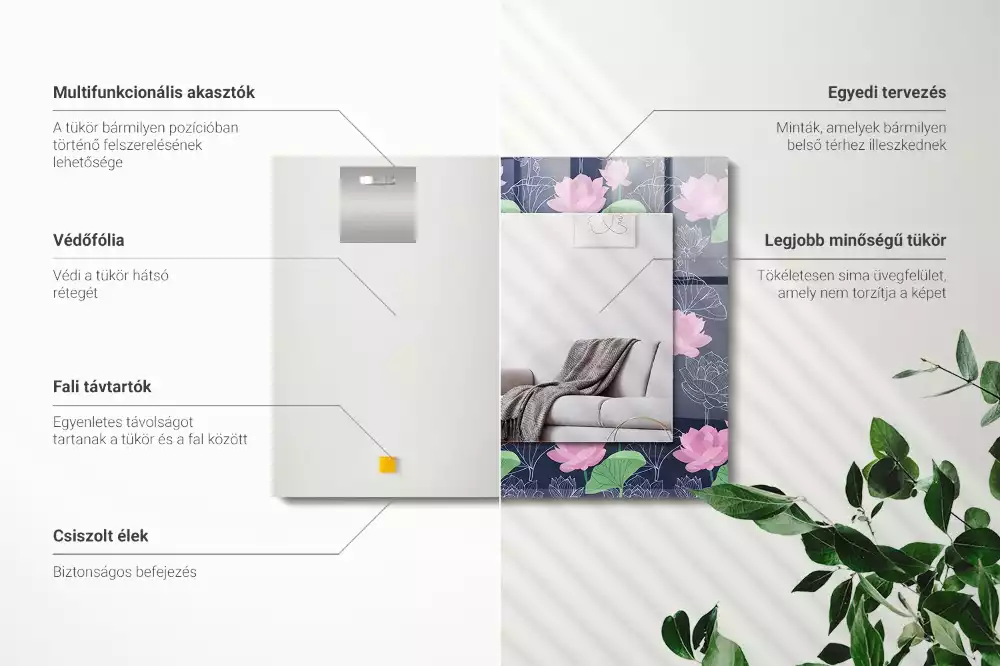 Obdélníkové zrcadlo s dekorem růžové květy lotosu